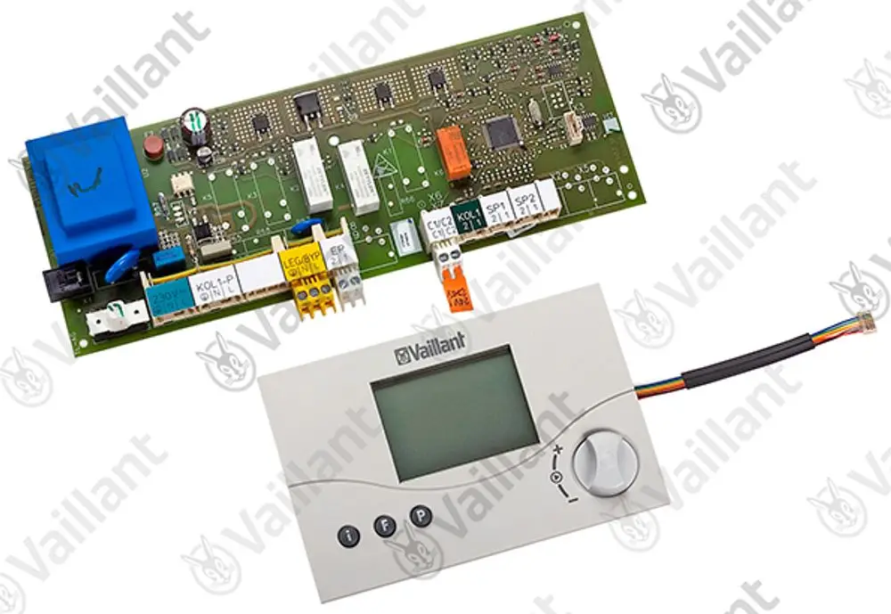 Vaillant Leiterplatte mit Display und Anschlusskabel, gezeigt in einer technischen Ansicht, die die elektronischen Komponenten und Bauweise des Produkts darstellt.